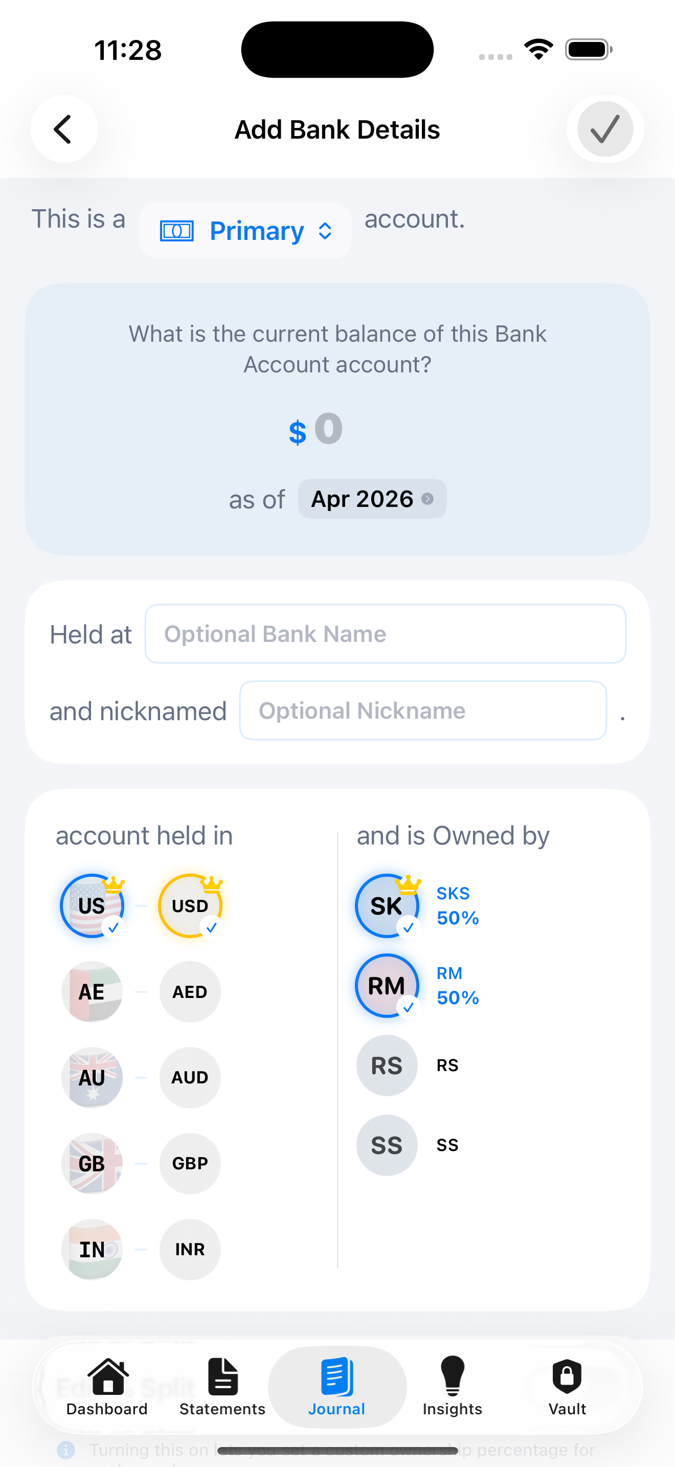 Add a bank account balance