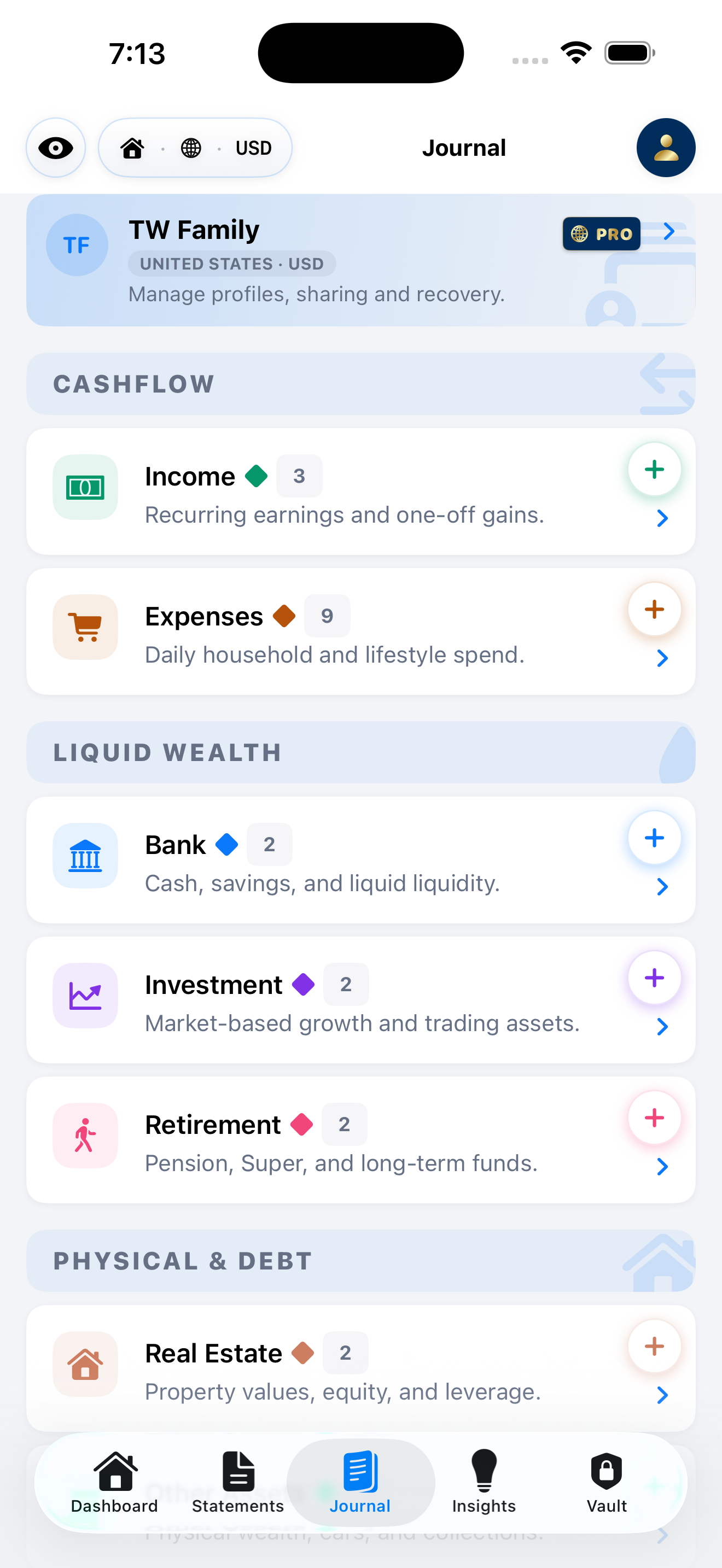 Financial Journal hub with 8 categories