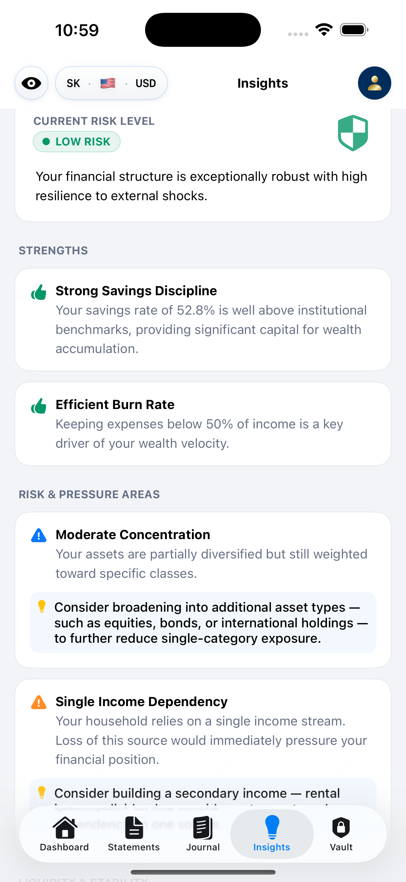 Insights tab with risk badge and metrics