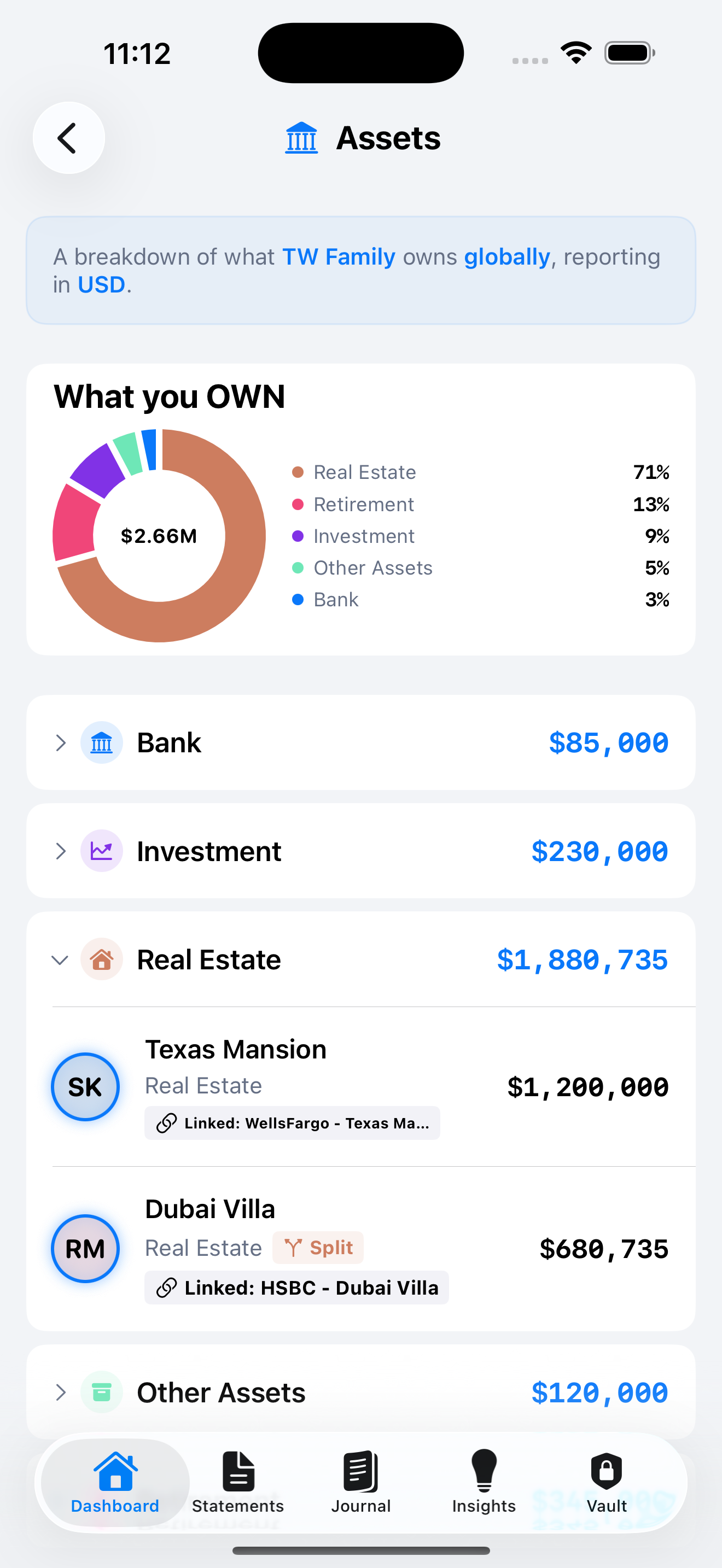 Assets — what you own, grouped by category