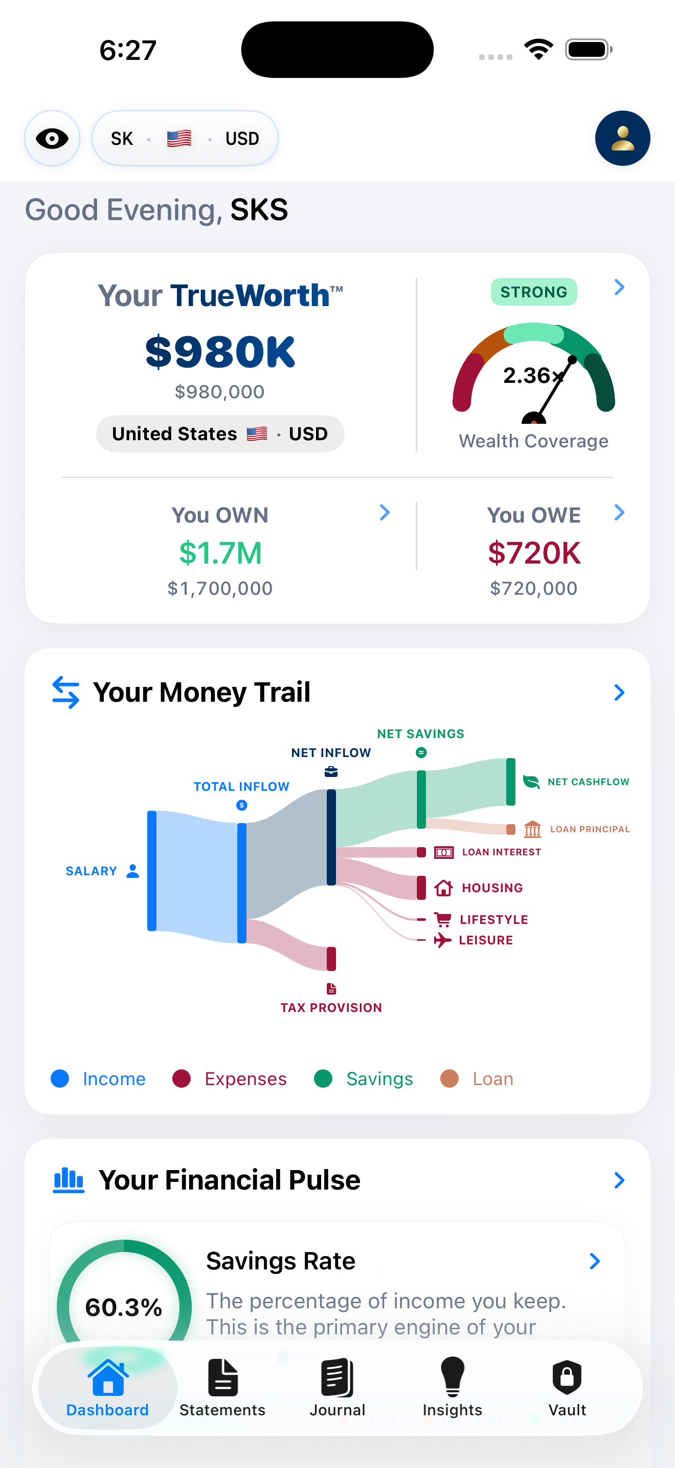 Dashboard — Net Worth, Money Trail, Financial Pulse